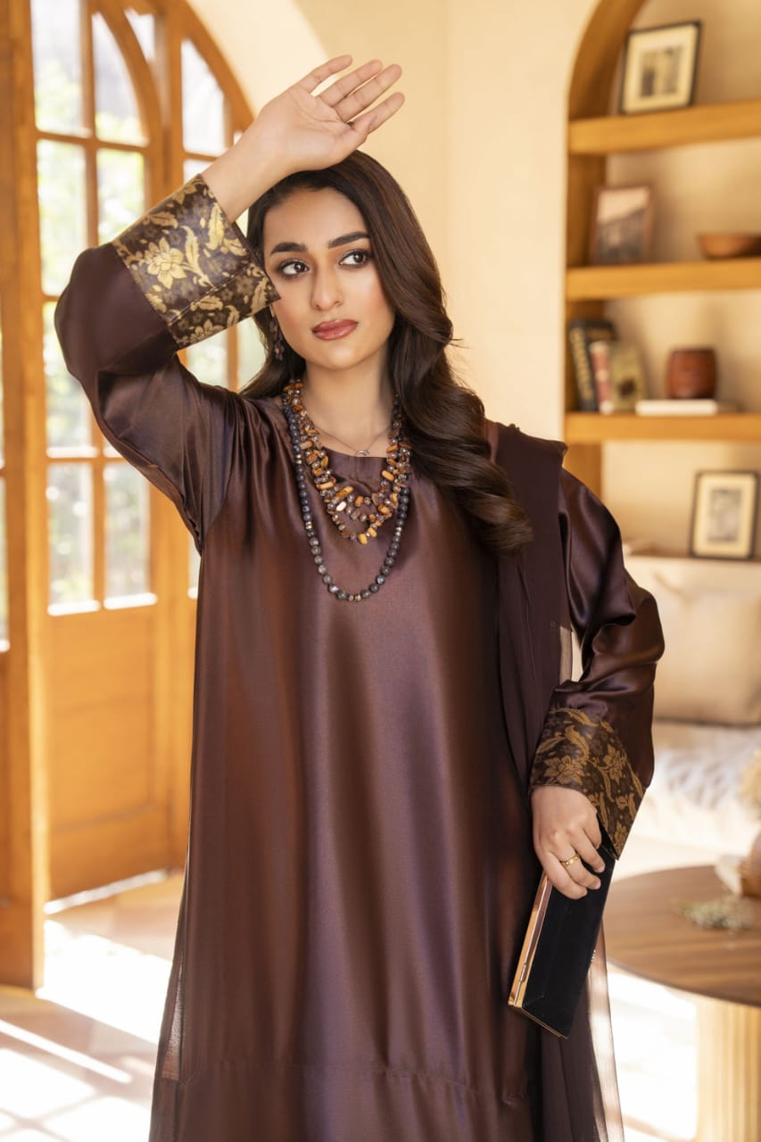 Chocolate Glass Silk Ready to Wear 3 Pcs Farshi Shalwar Dress