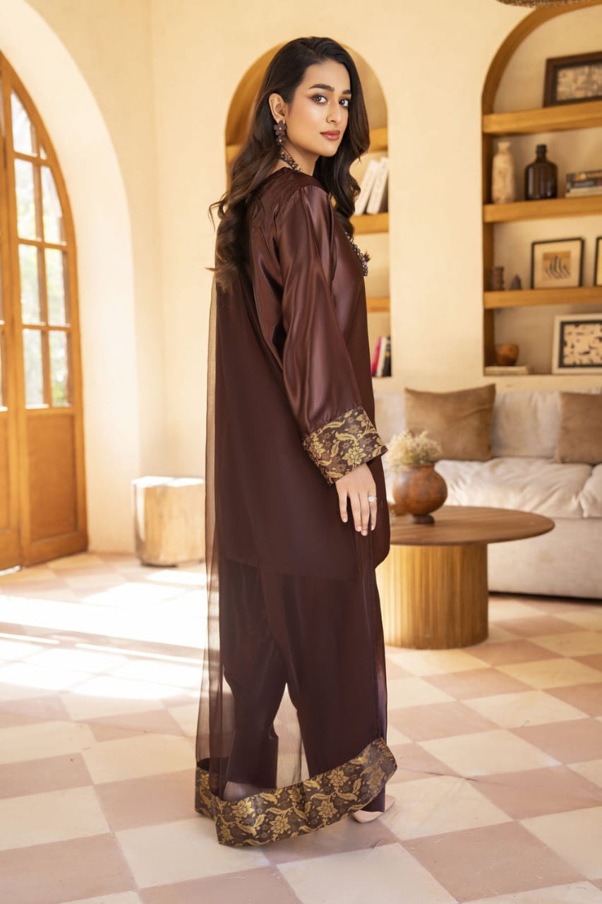 Chocolate Glass Silk Ready to Wear 3 Pcs Farshi Shalwar Dress