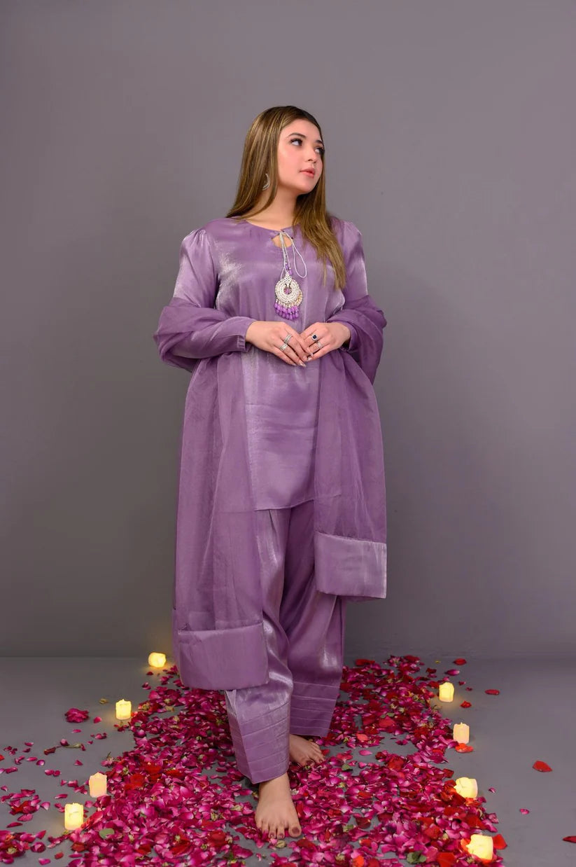 Lavender Korean Silk Ready to Wear 3 Pcs Farshi Shalwar Dress