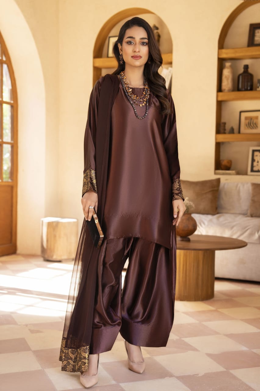 Chocolate Glass Silk Ready to Wear 3 Pcs Farshi Shalwar Dress