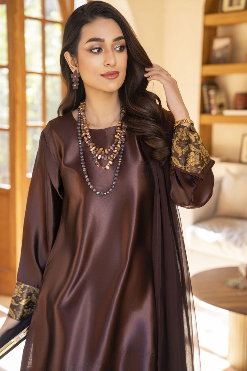 Chocolate Glass Silk Ready to Wear 3 Pcs Farshi Shalwar Dress