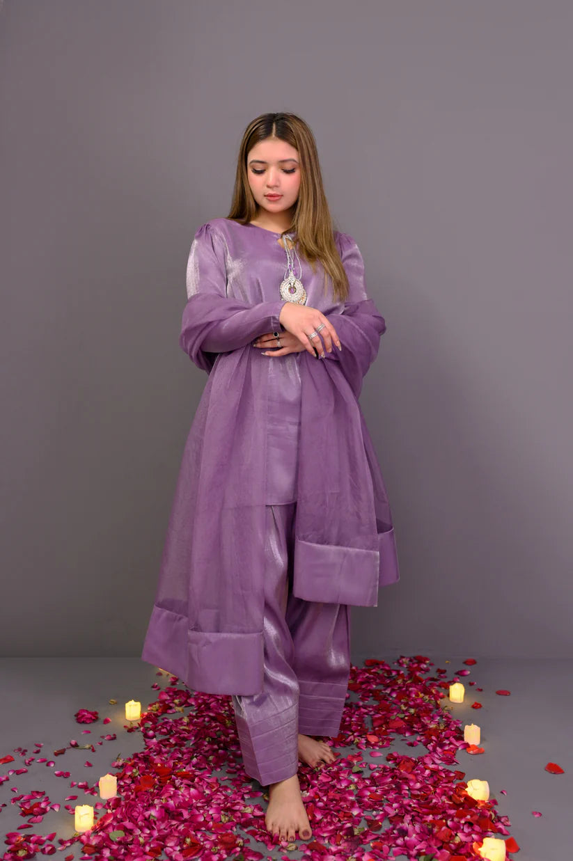 Lavender Korean Silk Ready to Wear 3 Pcs Farshi Shalwar Dress