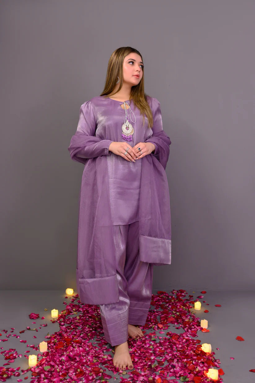 Lavender Korean Silk Ready to Wear 3 Pcs Farshi Shalwar Dress